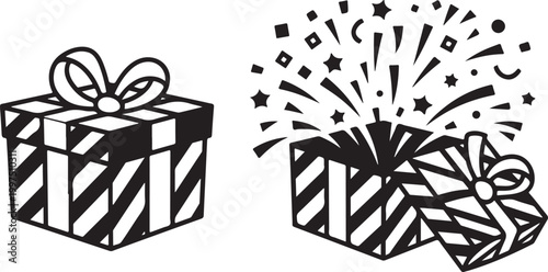 Funny Jack in the Box Surprise Toy Illustration Popping Out of Gift Box Design Element Vector. Gift Box Illustration Black and White