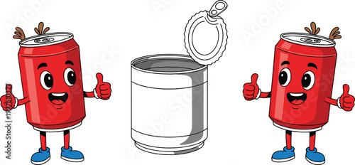 Cartoon Soda Can Character Set with Open and Closed Tin Containers, Smiling Mascot Expressions, Beverage Packaging Vector Collection for Branding and Advertising Design