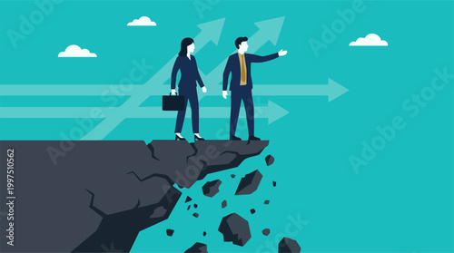 Business team on crumbling cliff edge facing challenges and future vision