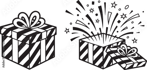 Funny Jack in the Box Surprise Toy Illustration Popping Out of Gift Box Design Element Vector. Gift Box Illustration Black and White