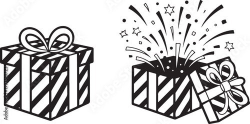 Funny Jack in the Box Surprise Toy Illustration Popping Out of Gift Box Design Element Vector. Gift Box Illustration Black and White