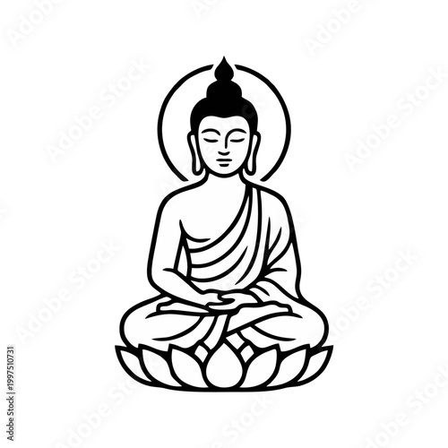 Meditating Buddha Statue Vector Illustration, Minimalist Gautama Buddha Sitting on Lotus Flower, Zen Spiritual Icon, Flat Black Linear Religious Symbol Isolated on White Background