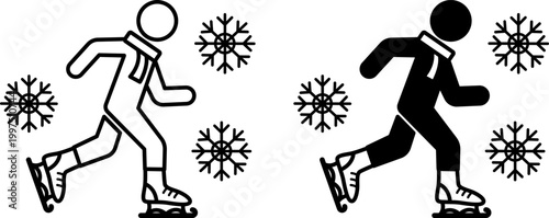Winter Icons. Line and Glyph Vector Icons. Man with a Scarf Ice Skating. Season, Snowflakes. Weather Concept
