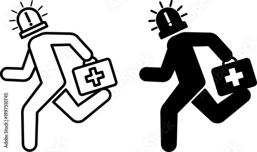 Urgent Icons. Line and Glyph Vector Icons. A Rescuer Rushed to Provide First Aid to People. Siren and Medical Suitcase. Emergency Concept