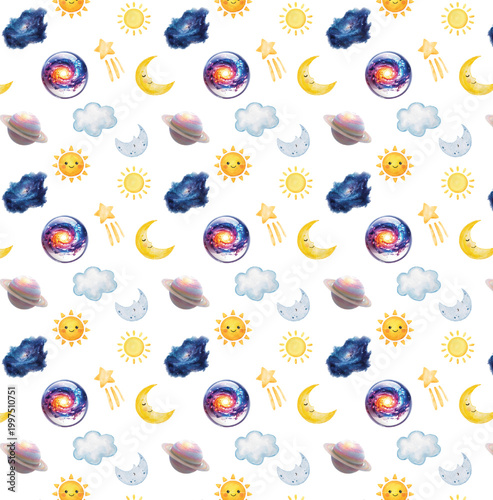 Seamless Cute Space Pattern with Sun Moon Clouds and Planets Cartoon Background