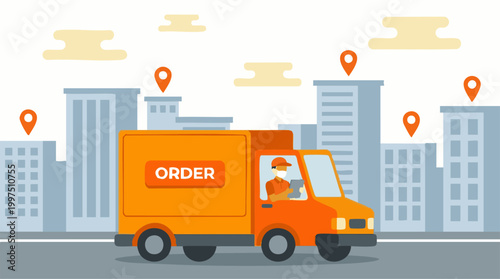 Illustration of orange delivery truck with masked driver in city