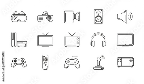 Home entertainment line icon vector set with VR projector console