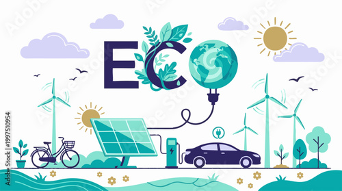 Sustainability concept illustration with eco-friendly transport and clean energy