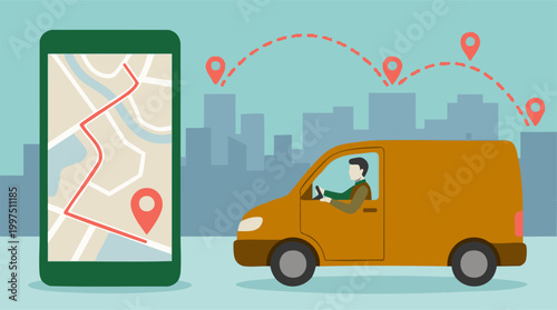 Urban delivery service with GPS navigation on a mobile phone and van