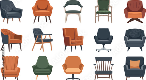 Modern armchair furniture set collection with various colorful chair designs for living room interior vector design.