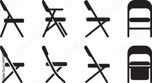 Set of various folding chairs in silhouette, arranged Vector Illustration on a transparent background.