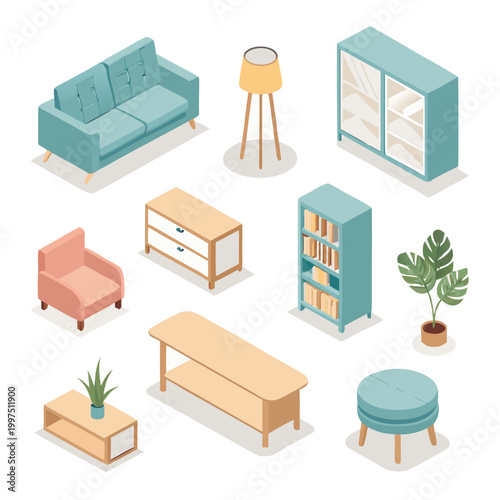 Isometric Modern Furniture Set - 3D Living Room Interior Design and Home Decor Vector Icons