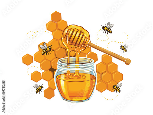 Honey dripping from dipper into glass jar with bees flying around honeycomb pattern