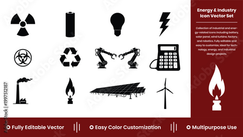 Energy Industry Silhouette Icon Set Power Electricity Renewable Vector Black Icons Pack