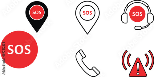 SOS icons feature red and black emergency symbols representing help, location, communication, and urgent support services.
