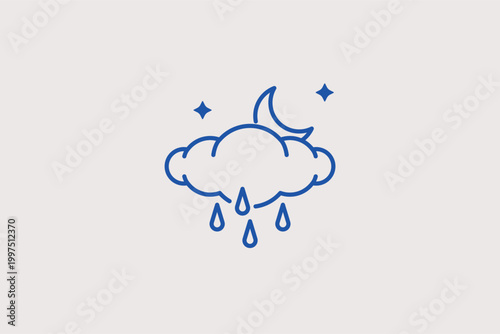 Rainy night cloud line icon for nocturnal precipitation and evening weather updates. Atmospheric vector illustration for sleep quality apps and night-shift commute planning.
