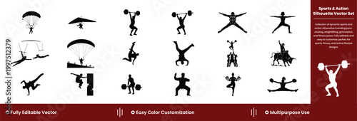 Fitness Workout Silhouette Icon Set Exercise Gym Training Vector Black Icons Pack