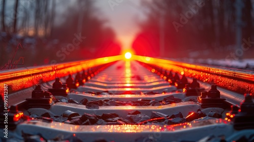 Railway tracks glowing red with strong perspective and light. AI-generated.