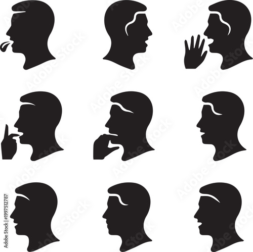 Set of human head silhouettes showing different facial expressions and gestures, including speaking, whispering, and thinking