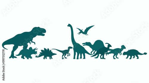 Collection of various dinosaur species silhouettes on a clean white background