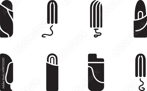 Set of menstrual hygiene products, tampons with and without applicators, feminine hygiene icons, vector illustration