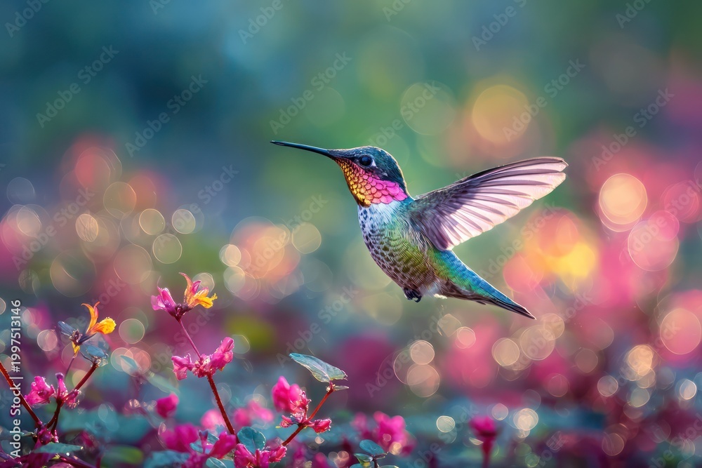 Fototapeta premium Hummingbird hovering near blooming garden flowers