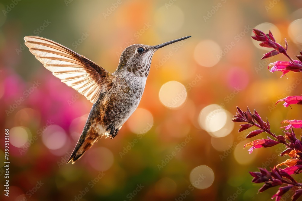 Fototapeta premium Colorful hummingbird feeding in morning garden