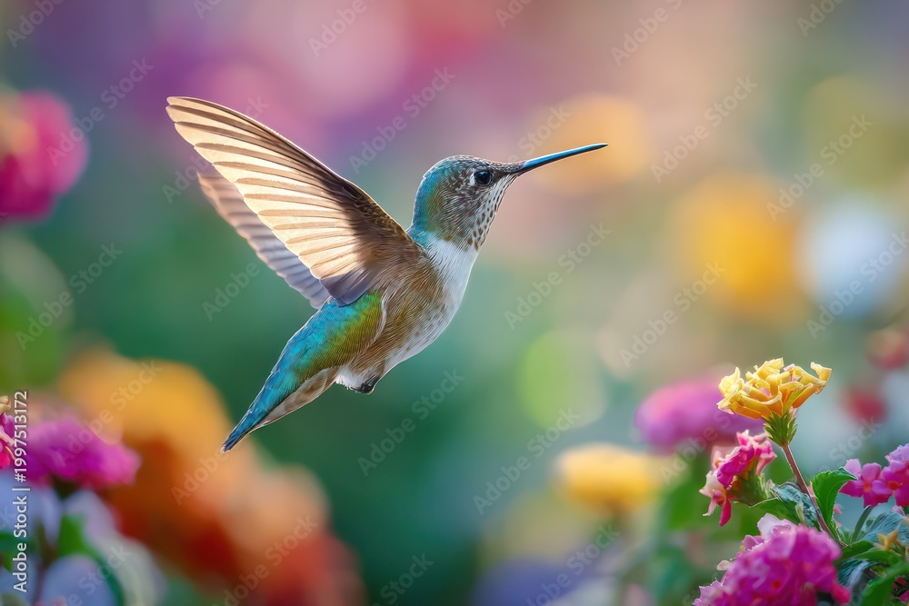 Fototapeta premium Wings in motion hummingbird near flowers