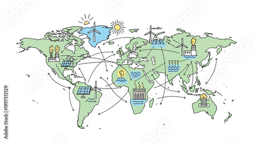 Global energy grid network: Conceptual representation of the global energy grid with various energy sources connected by a network of lines.