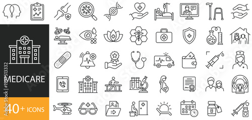 Medicare and Healthcare Thin Line Icons Set - Medical Services, Insurance, and Hospital Care Symbols.