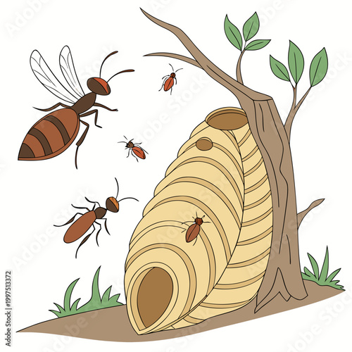 Bee nest with bees flying around wasp honeycomb insects