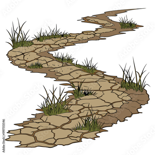 Fotografija Brown cracked earth with green grass dry land white background