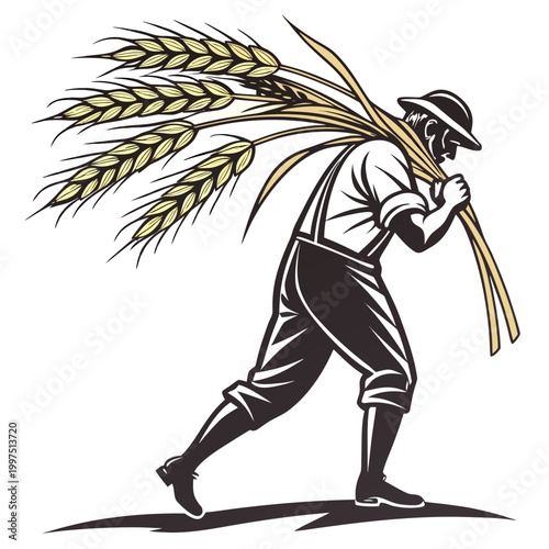 Man carrying wheat farming agriculture manual labor