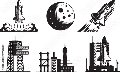 Set of hand-drawn space exploration icons featuring a satellite, astronaut helmet, rocket, planet, and radar dish. Minimalist black line art
