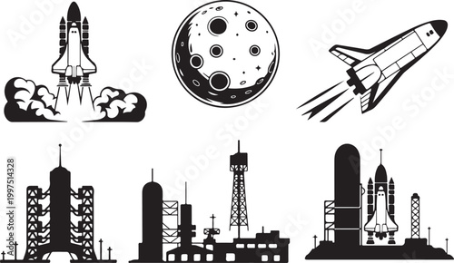 Set of hand-drawn space exploration icons featuring a satellite, astronaut helmet, rocket, planet, and radar dish. Minimalist black line art