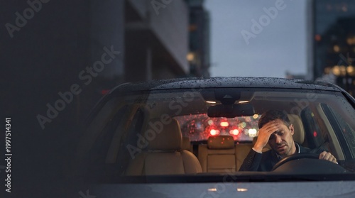 Tired businessman feeling exhausted while driving a car during rainy night