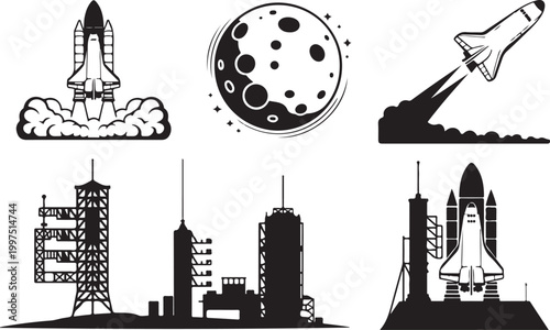 Set of hand-drawn space exploration icons featuring a satellite, astronaut helmet, rocket, planet, and radar dish. Minimalist black line art