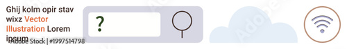 Data sharing, digital communication, online connectivity, search functionality, cloud computing, wireless internet. Search bar with question mark, cloud shape wireless symbol. Digital communication