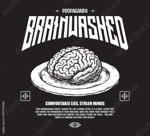 Vector illustration streetwear of brain, dish and simply brainwashed text for T-Shirt design with slogan and distortion artwork