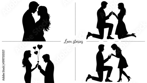 Four black silhouette couples in romantic poses vector illustration Vector