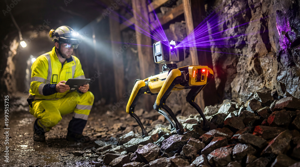 Naklejka premium Boston dynamics spot robot scanning underground mine with worker