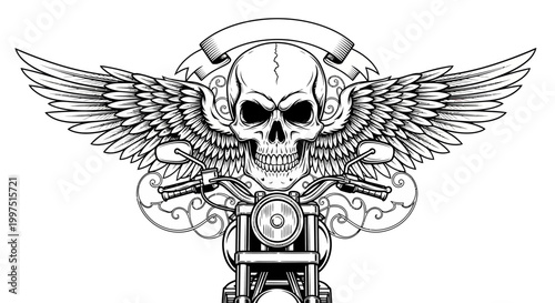 Detailed human skull with large feathered wings, motorcycle handlebars, and a decorative banner on an isolated white background.