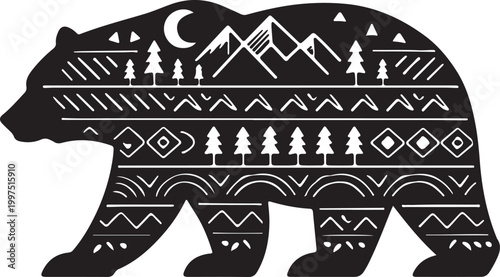Patterned walking bear silhouette vector with mountain forest cutouts for outdoor logo, sticker and adventure print