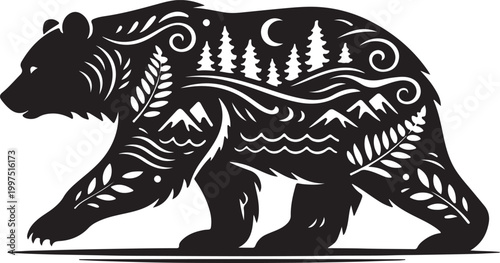 Decorative bear silhouette vector with forest mountain pattern for wilderness logo, sticker and outdoor apparel print