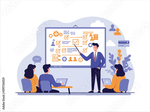 Business presentation showing project management workflow with team collaboration