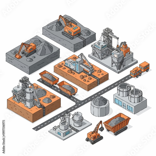 Isometric illustration of an industrial mining and processing plant with excavators, trucks, and processing facilities.