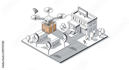 Isometric Drone Delivery Illustration - Automated Parcel Shipping in Smart City Neighborhood