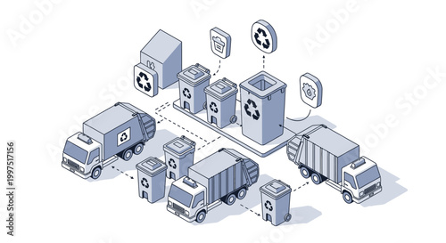Isometric Waste Management and Recycling System Illustration with Garbage Trucks and Trash Bins for Sustainable Logistics