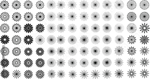 Black floral and sunburst shapes collection with decorative abstract flower icons, radial ornaments and geometric elements set isolated on light background vector