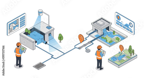 Smart Water Management System Isometric Illustration with Engineers Monitoring Utility Infrastructure